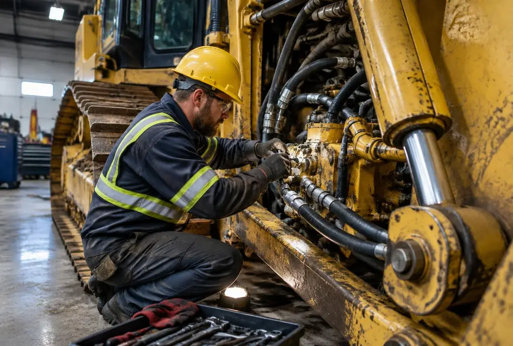 Técnico realizando mantenimiento de maquinaria pesada